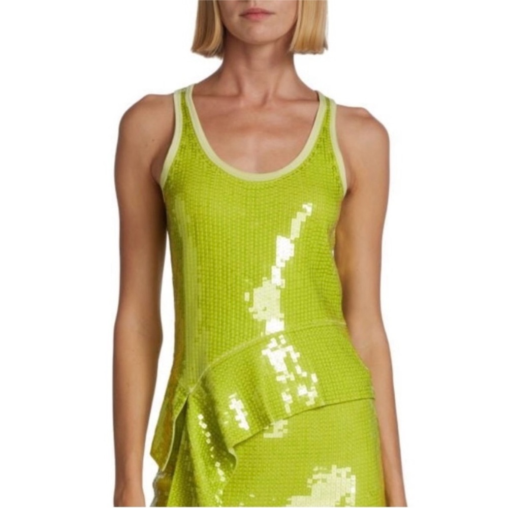 Helmut Lang Neon Green Sequin Asymmetrical Tank